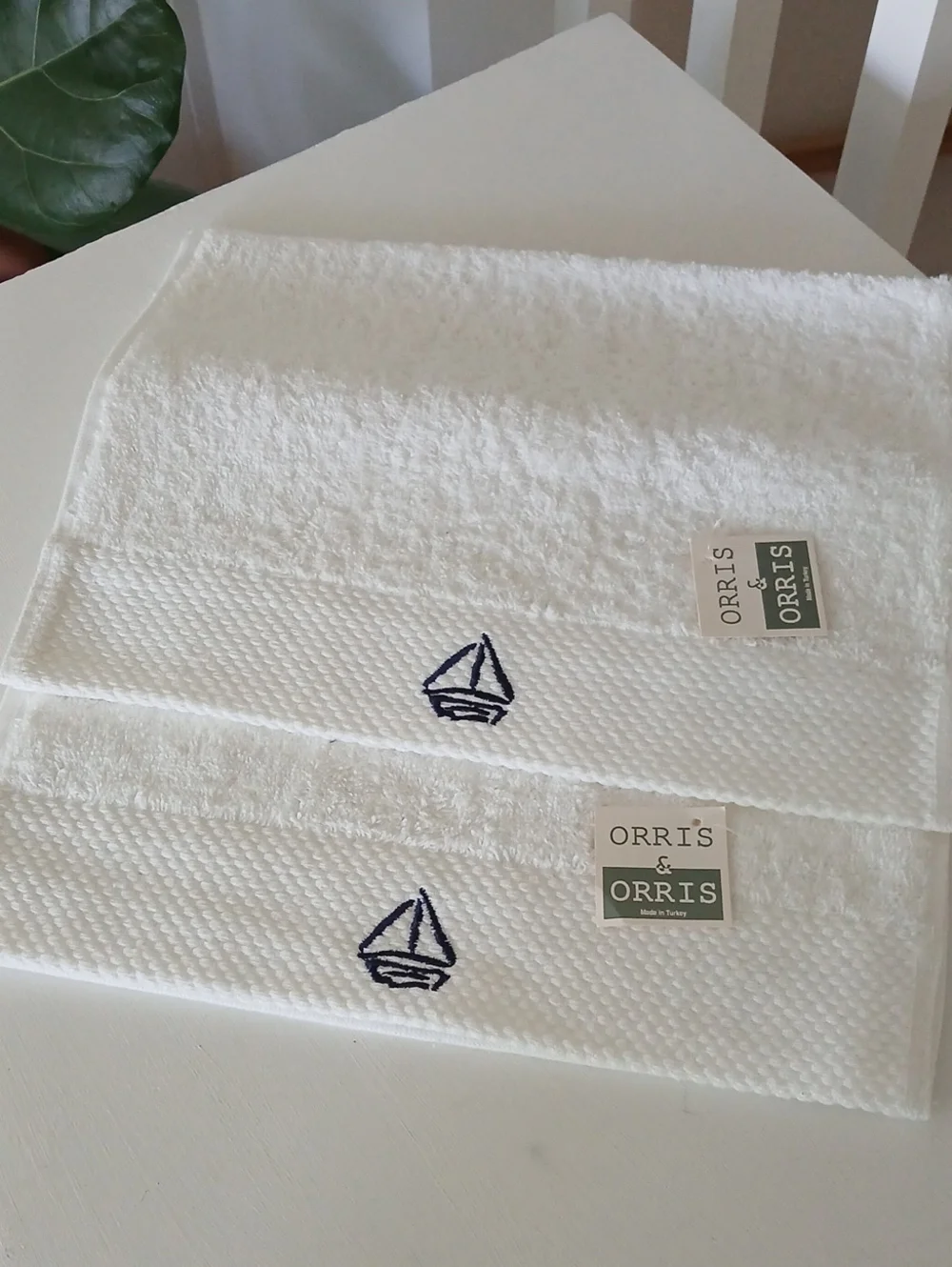 White Terrycloth Fingertip Towels Embroidered Navy Sailboat Set of 2 Nautical